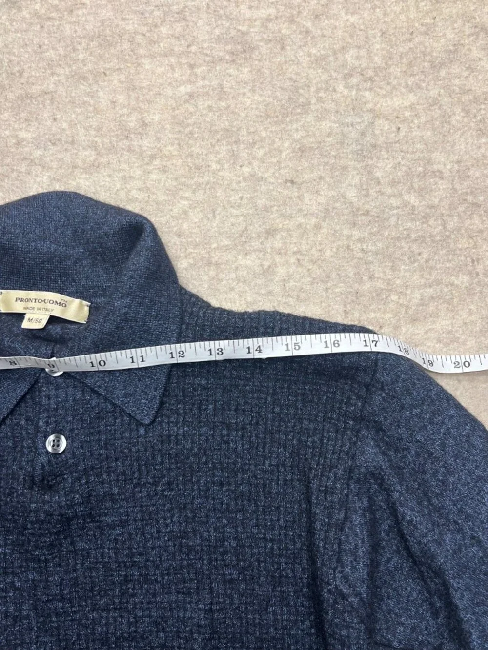 Vintage Pronto Uomo Blue Merino Wool Polo Sweater Solid Lightweight Medium Italy - Picture 10 of 10